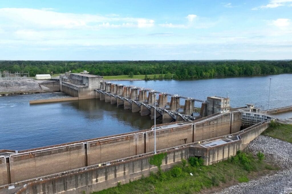 A shot of the Robert F. Henry Lock and Dam on the Alabama River, operated by the U.S. Army Corps of Engineers. AdobeStock_620938916.
