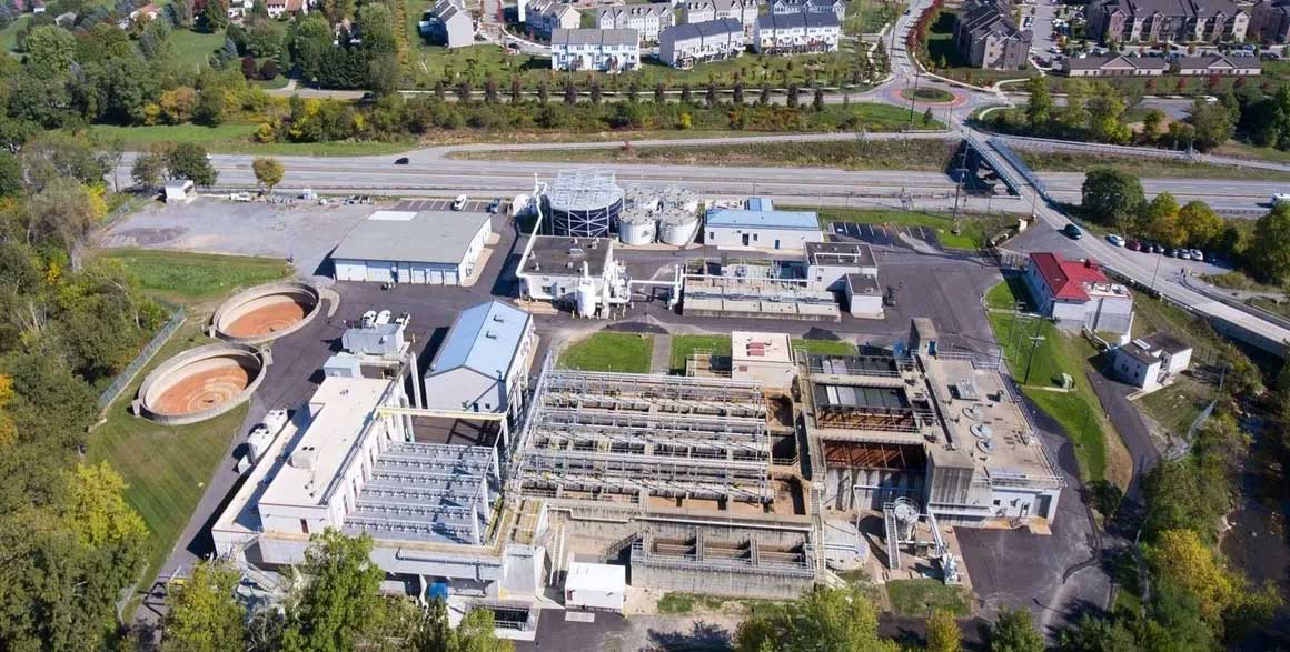 An aerial shot of the Brush Creek Wastewater Treatment Plant in Cranberry Township, Pa.